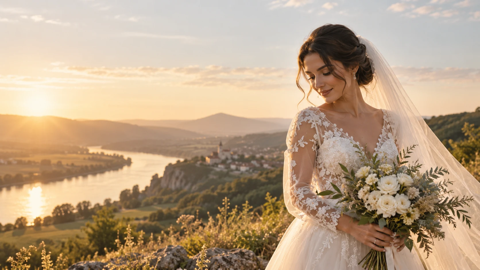 Nevesta s kyticou v podvečernom svetle
